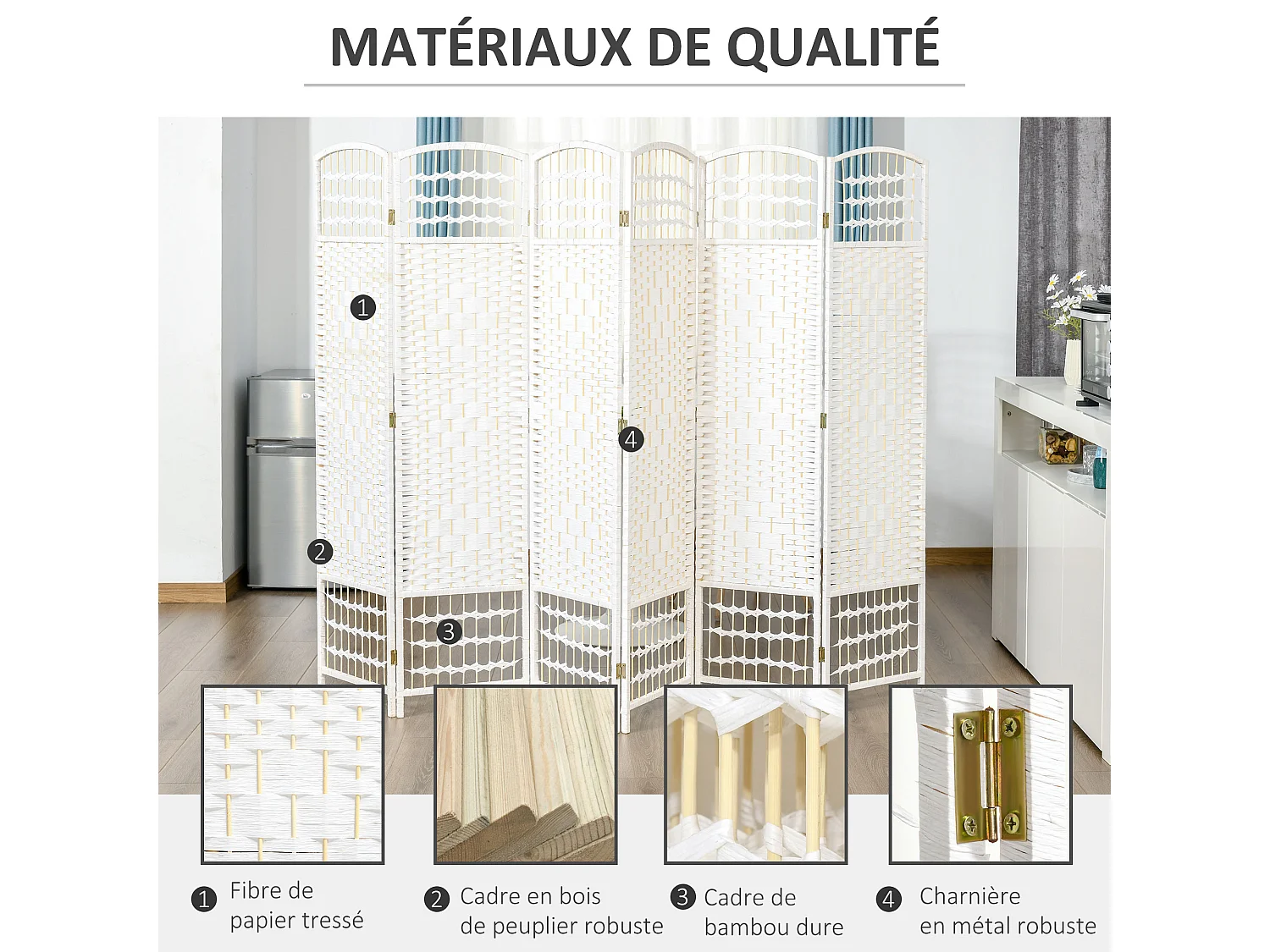 Paravent intérieur 6 panneaux pliables séparateur de pièce bois de peuplier bambou fibres de papier tressée blanc paille