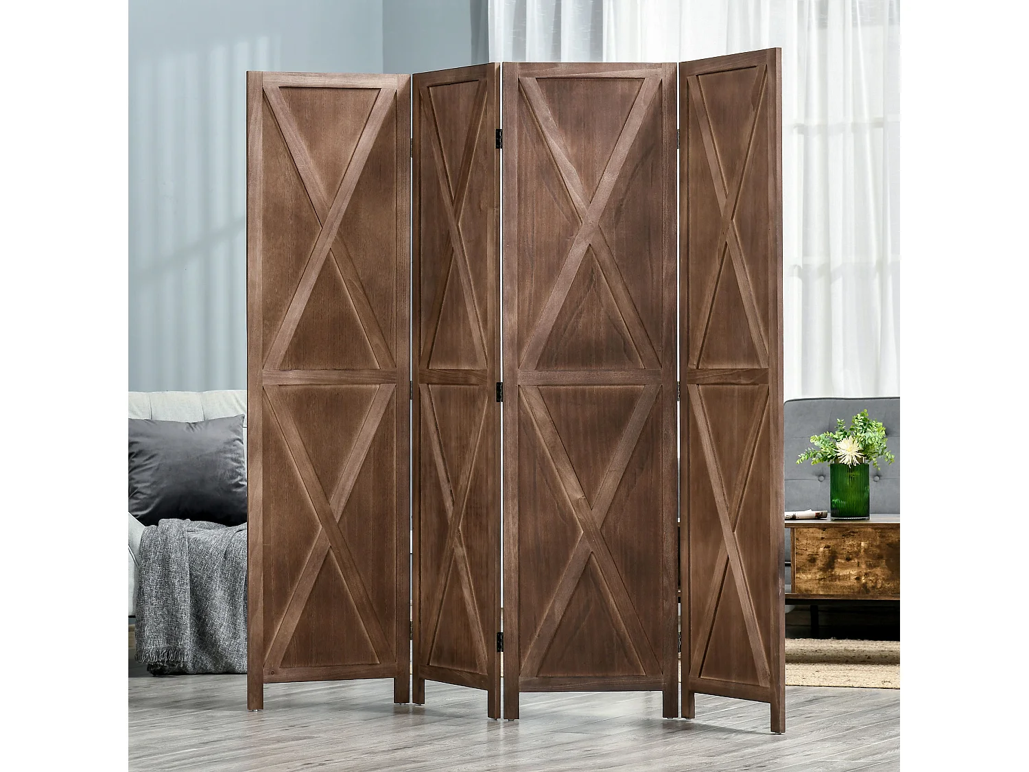 Paravent intérieur 4 panneaux style campagnard chic - séparateur de pièce avec croisillons - bois paulownia effet vieilli