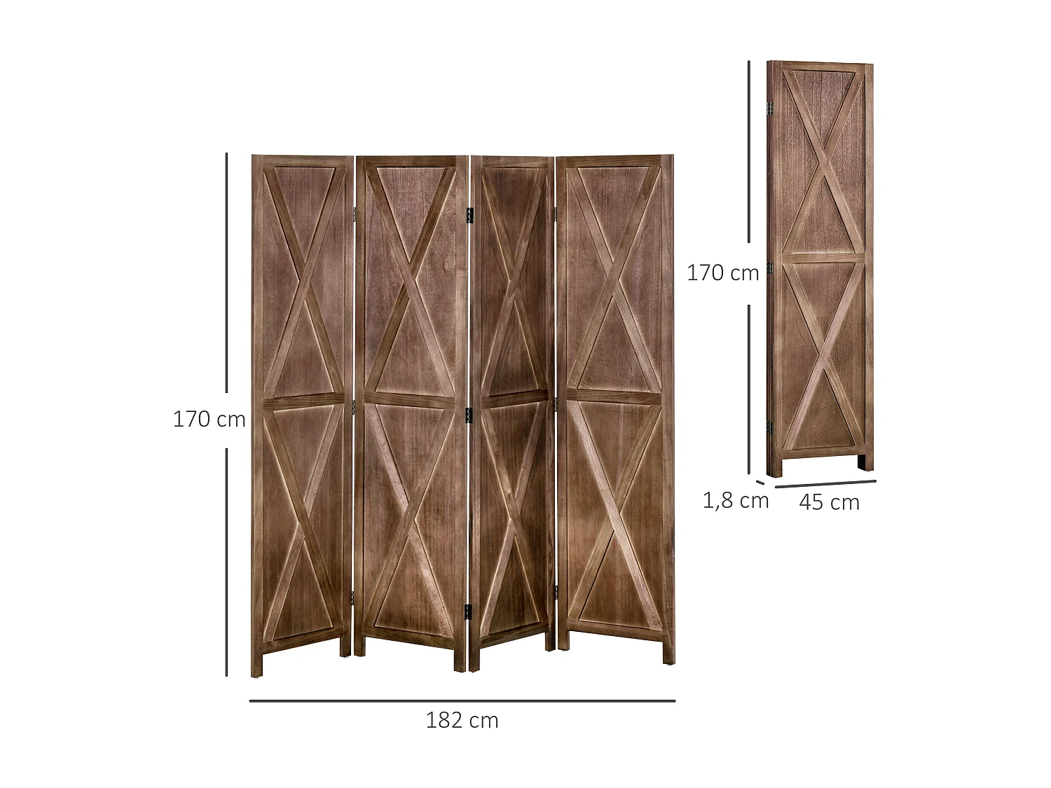 Paravent intérieur 4 panneaux style campagnard chic - séparateur de pièce avec croisillons - bois paulownia effet vieilli
