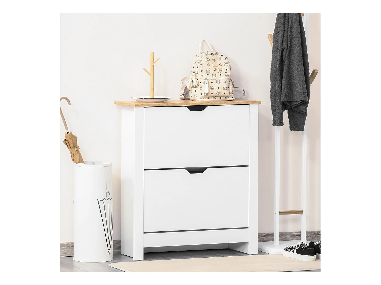 Armoire à chaussures 2 portes abattantes 2 compartiments panneaux particules blanc chêne