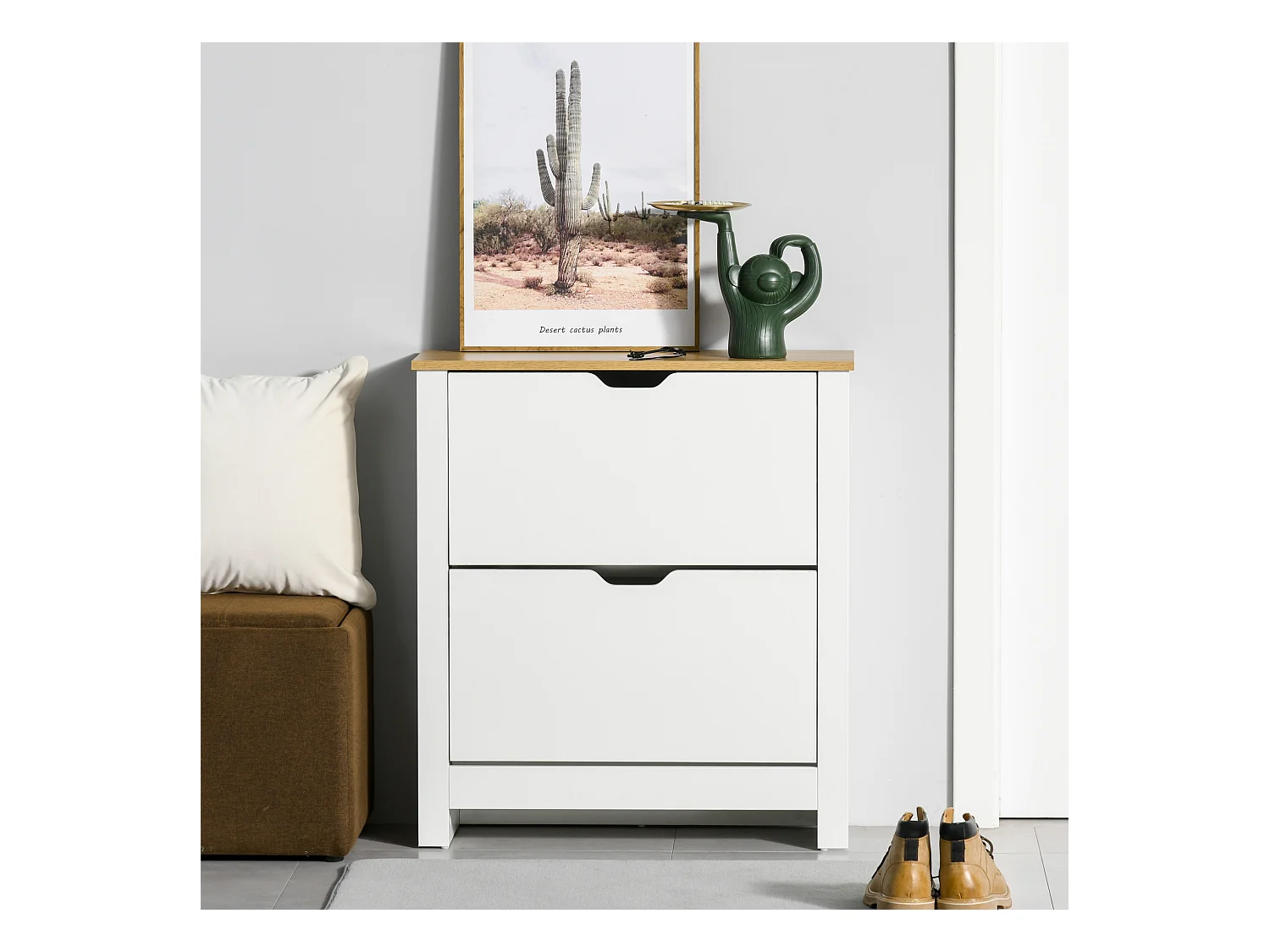 Armoire à chaussures 2 portes abattantes 2 compartiments panneaux particules blanc chêne