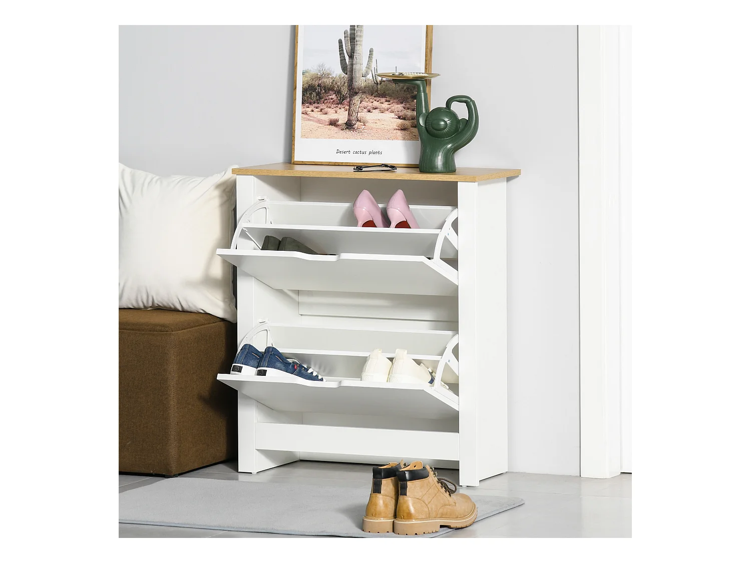 Armoire à chaussures 2 portes abattantes 2 compartiments panneaux particules blanc chêne