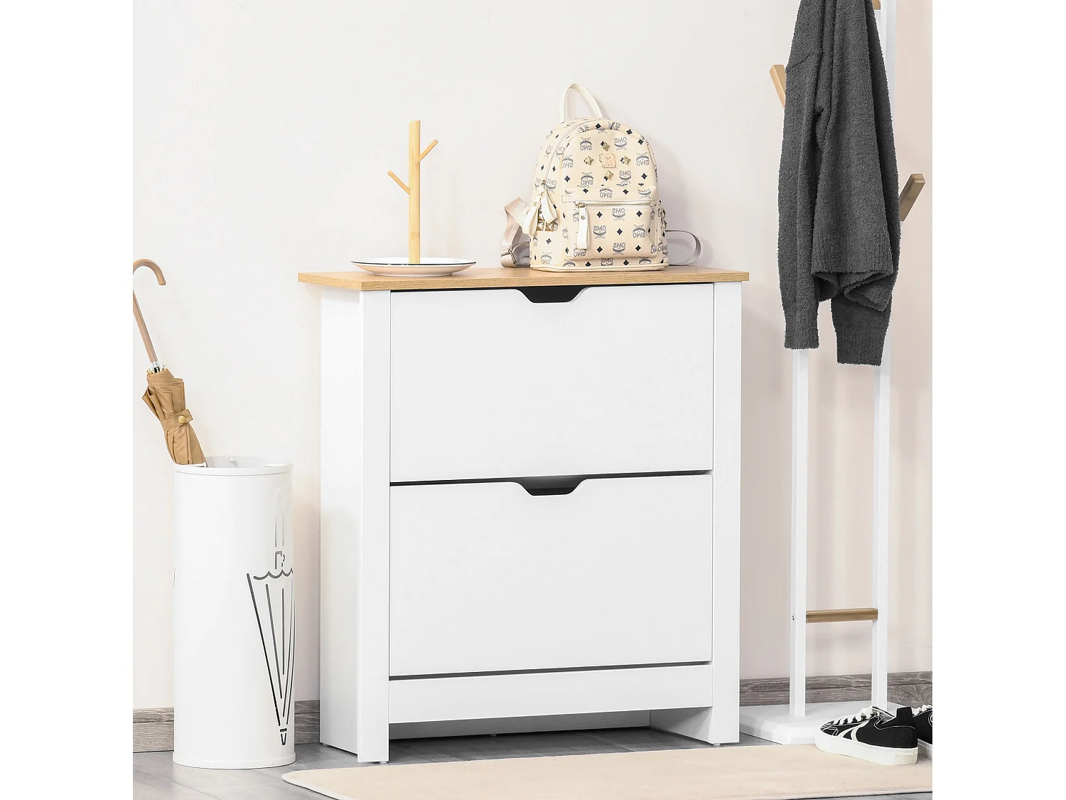 Armoire à chaussures 2 portes abattantes 2 compartiments panneaux particules blanc chêne