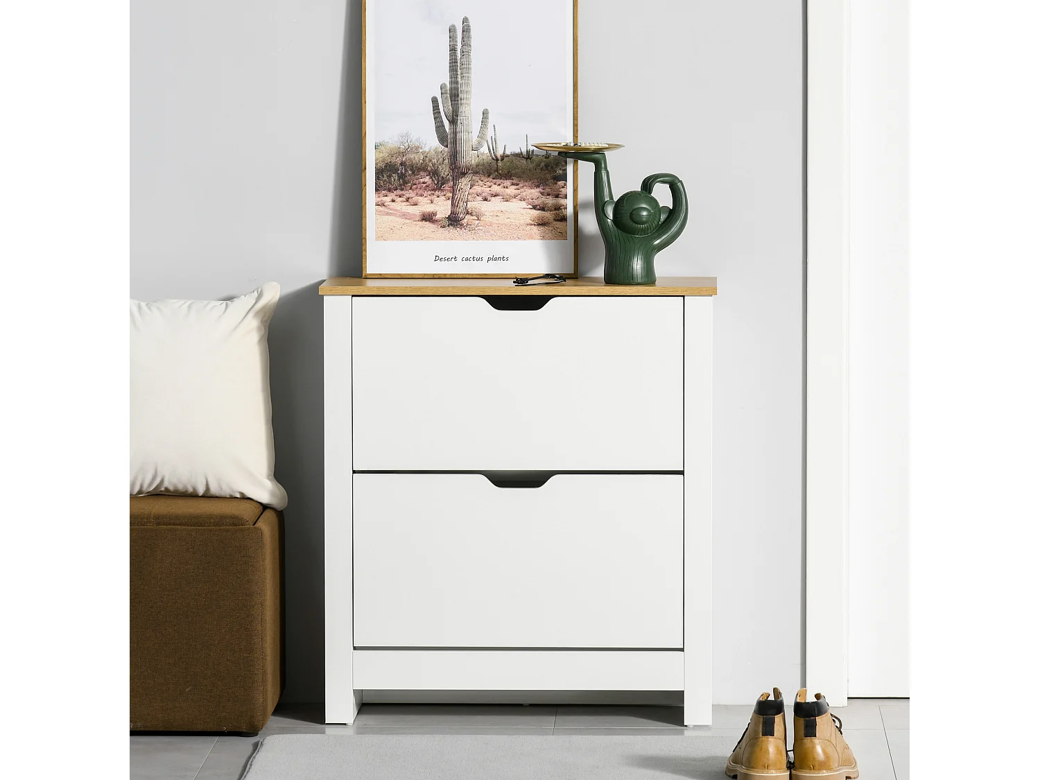 Armoire à chaussures 2 portes abattantes 2 compartiments panneaux particules blanc chêne