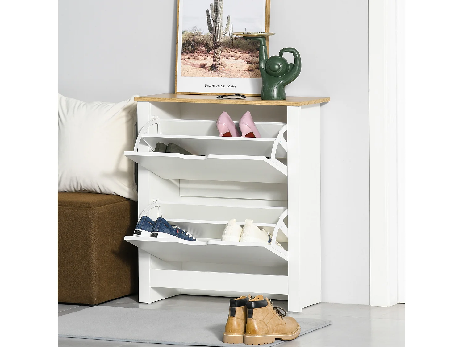 Armoire à chaussures 2 portes abattantes 2 compartiments panneaux particules blanc chêne