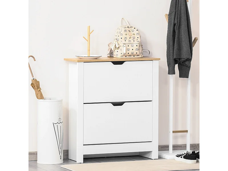 Armoire à chaussures 2 portes abattantes 2 compartiments panneaux particules blanc chêne
