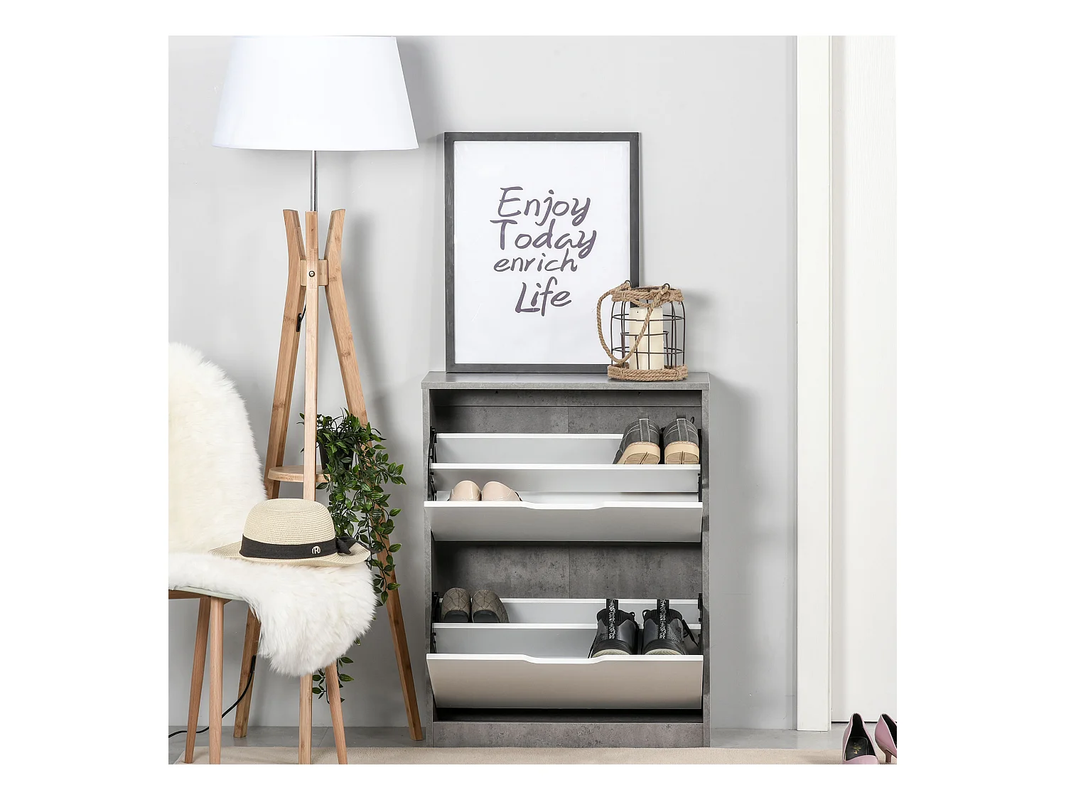 Armoire à chaussures meuble à chaussures dim. 62L x 26l x 81H cm 2 portes abattantes blanc effet béton ciré