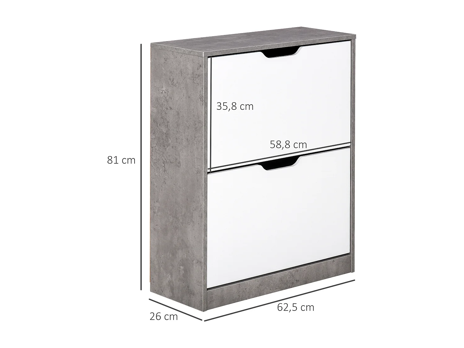 Armoire à chaussures meuble à chaussures dim. 62L x 26l x 81H cm 2 portes abattantes blanc effet béton ciré