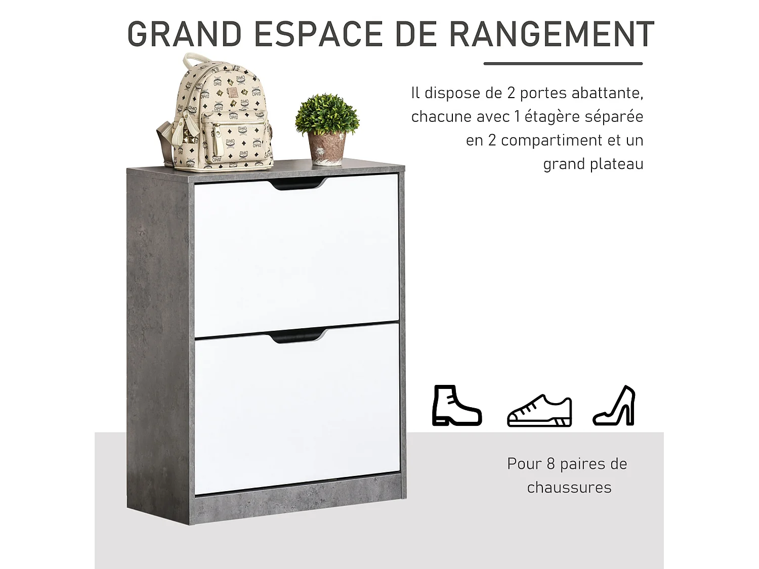 Armoire à chaussures meuble à chaussures dim. 62L x 26l x 81H cm 2 portes abattantes blanc effet béton ciré