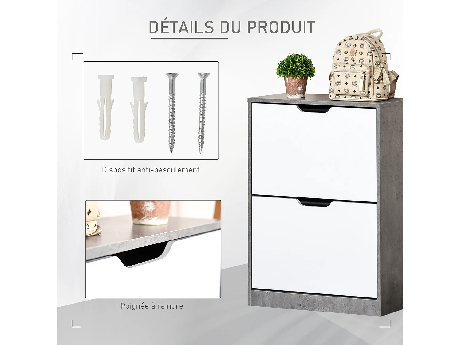 Armoire à chaussures meuble à chaussures dim. 62L x 26l x 81H cm 2 portes abattantes blanc effet béton ciré