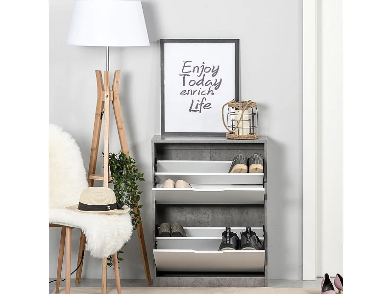 Armoire à chaussures meuble à chaussures dim. 62L x 26l x 81H cm 2 portes abattantes blanc effet béton ciré