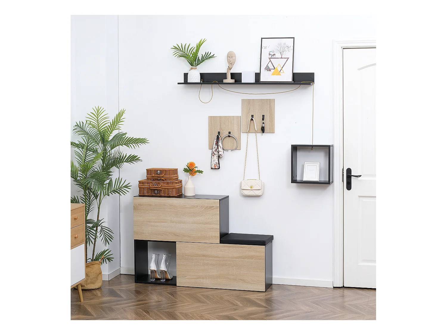 Ensemble de meubles d'entrée - organisateur d'entrée - meuble à chaussures banc 2 en 1, 4 patères, 2 étagères - noir aspect chêne clair