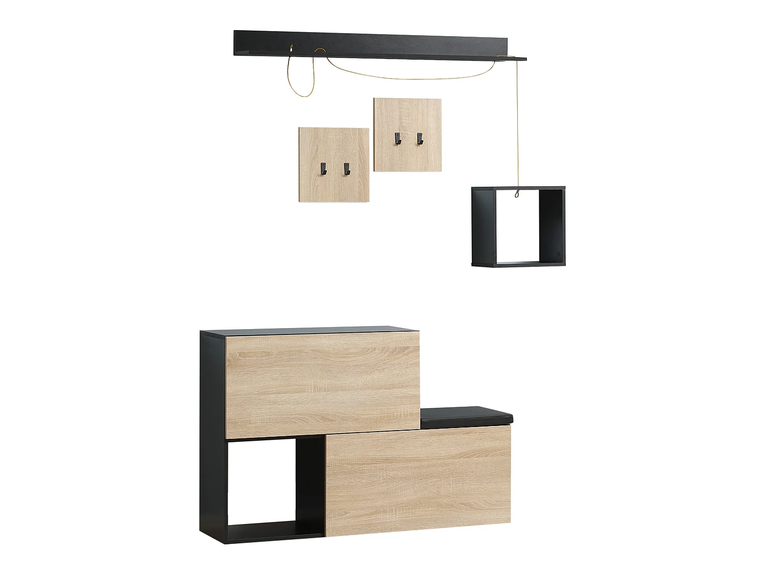 Ensemble de meubles d'entrée - organisateur d'entrée - meuble à chaussures banc 2 en 1, 4 patères, 2 étagères - noir aspect chêne clair