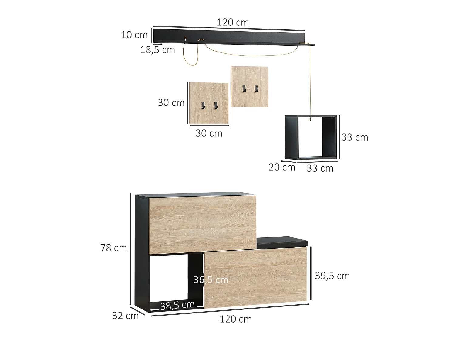 Ensemble de meubles d'entrée - organisateur d'entrée - meuble à chaussures banc 2 en 1, 4 patères, 2 étagères - noir aspect chêne clair
