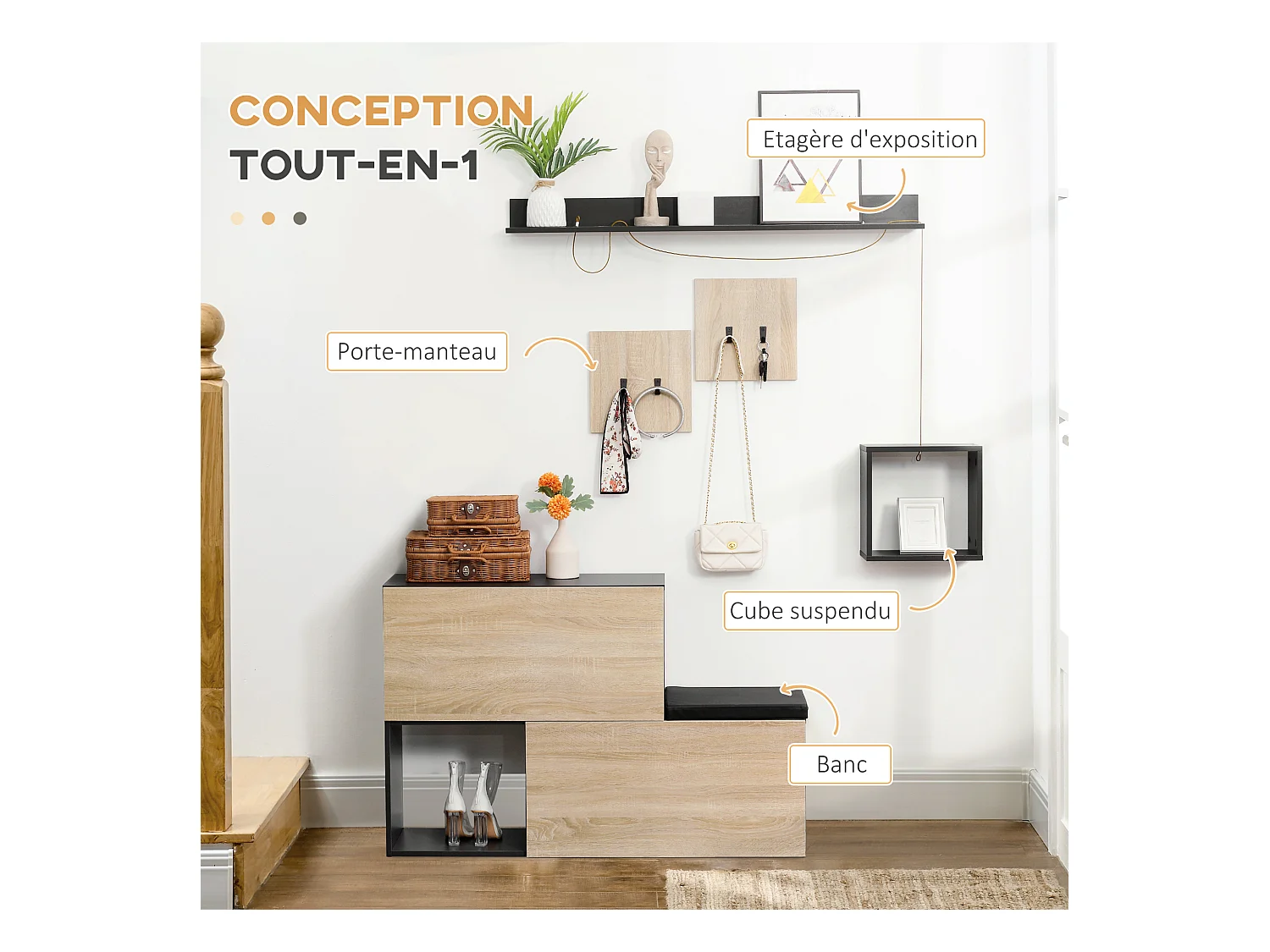 Ensemble de meubles d'entrée - organisateur d'entrée - meuble à chaussures banc 2 en 1, 4 patères, 2 étagères - noir aspect chêne clair