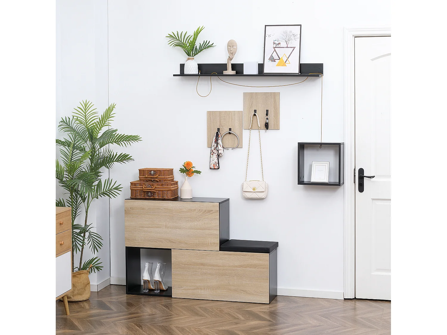 Ensemble de meubles d'entrée - organisateur d'entrée - meuble à chaussures banc 2 en 1, 4 patères, 2 étagères - noir aspect chêne clair
