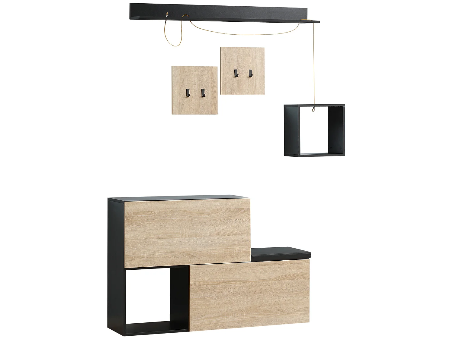 Ensemble de meubles d'entrée - organisateur d'entrée - meuble à chaussures banc 2 en 1, 4 patères, 2 étagères - noir aspect chêne clair