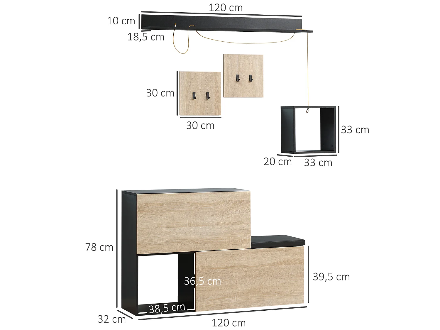 Ensemble de meubles d'entrée - organisateur d'entrée - meuble à chaussures banc 2 en 1, 4 patères, 2 étagères - noir aspect chêne clair