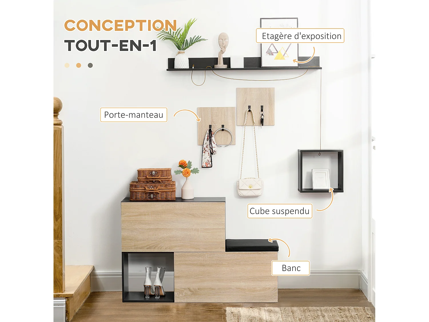 Ensemble de meubles d'entrée - organisateur d'entrée - meuble à chaussures banc 2 en 1, 4 patères, 2 étagères - noir aspect chêne clair