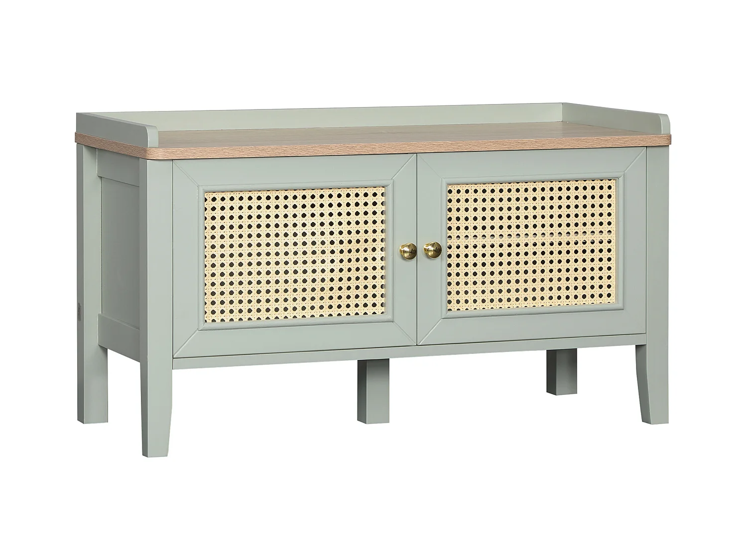 Meuble chaussures banc à chaussures 2 en 1 style bohème chic 2 portes étagère réglable - MDF vert d'eau aspect chêne clair rotin