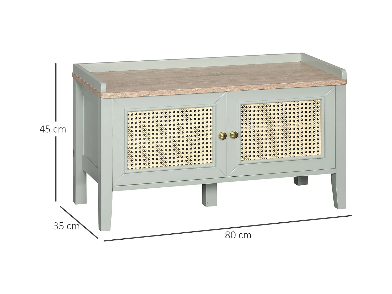 Meuble chaussures banc à chaussures 2 en 1 style bohème chic 2 portes étagère réglable - MDF vert d'eau aspect chêne clair rotin