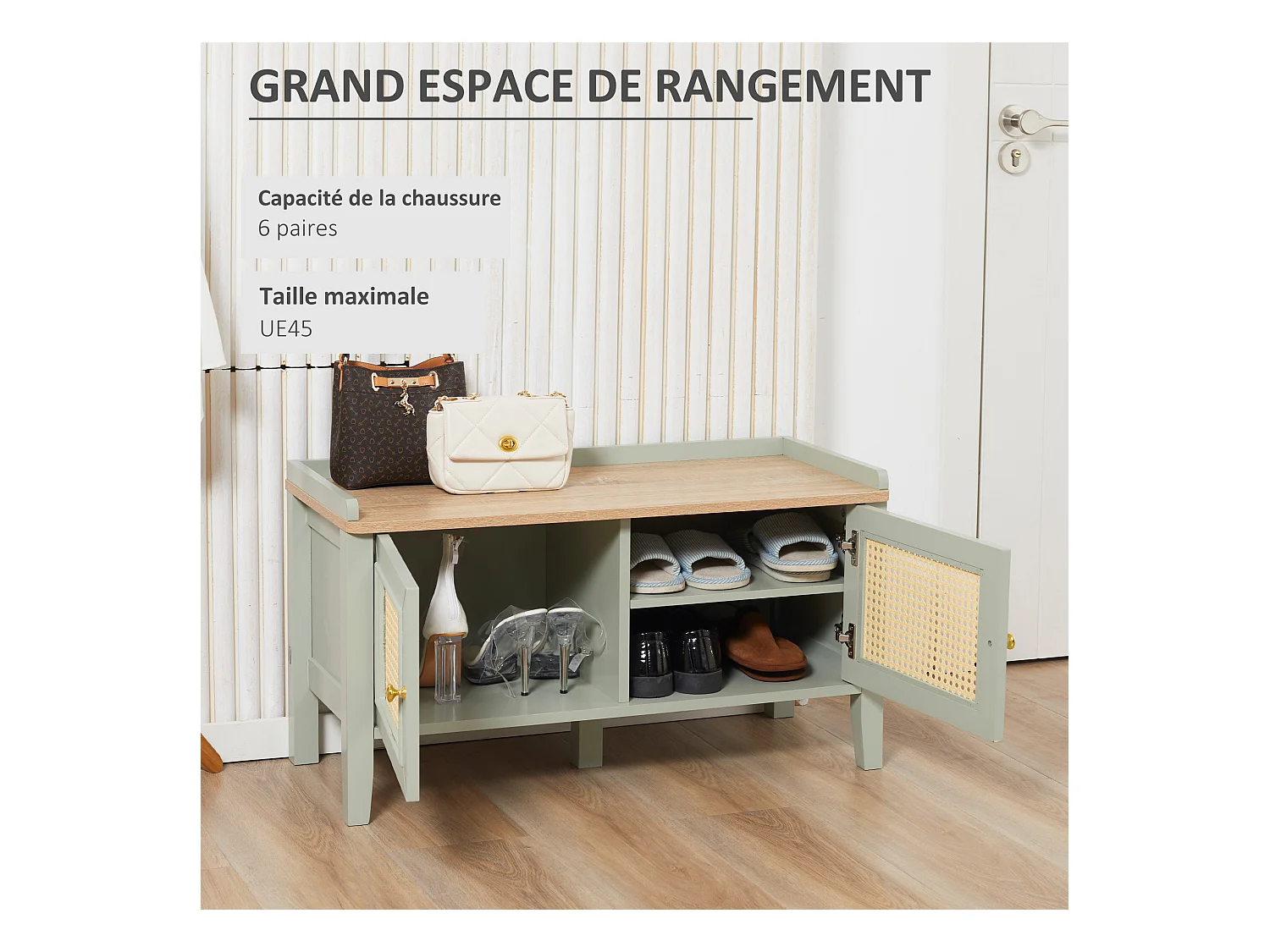 Meuble chaussures banc à chaussures 2 en 1 style bohème chic 2 portes étagère réglable - MDF vert d'eau aspect chêne clair rotin
