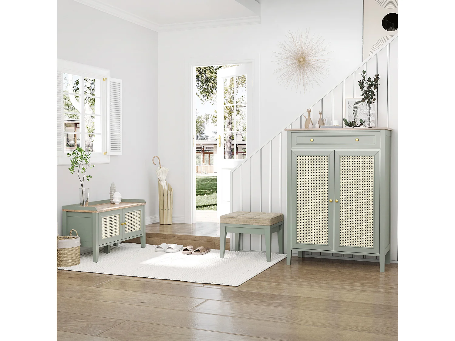 Meuble chaussures banc à chaussures 2 en 1 style bohème chic 2 portes étagère réglable - MDF vert d'eau aspect chêne clair rotin