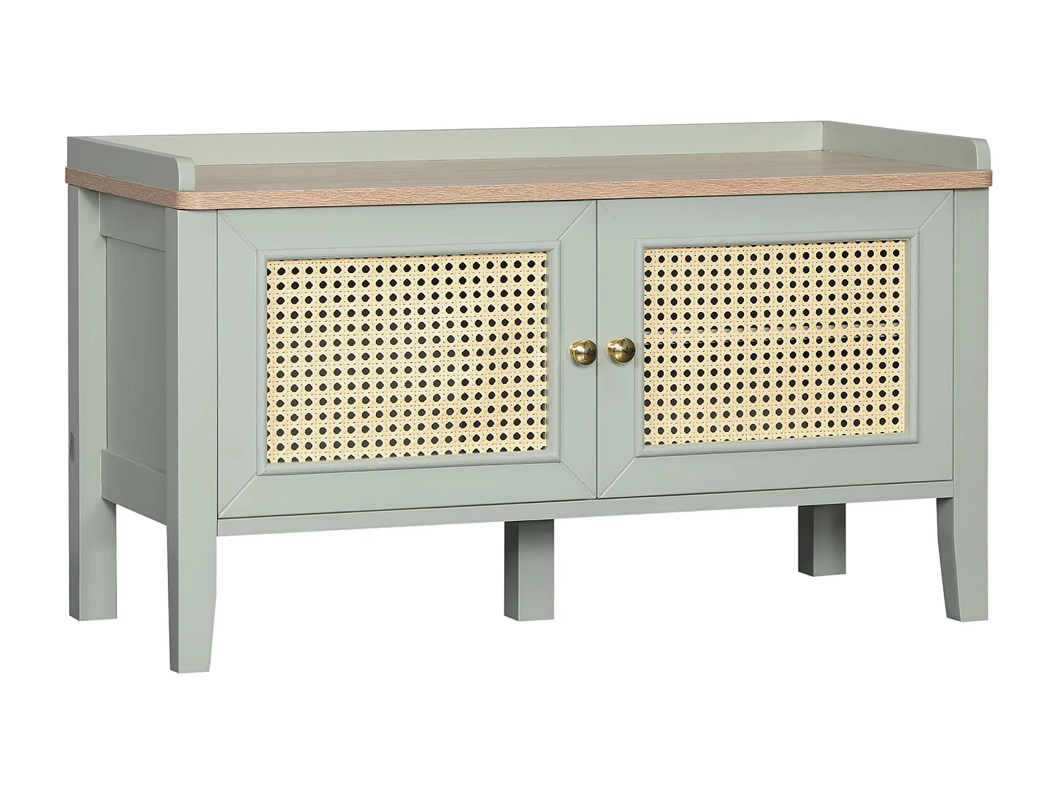 Meuble chaussures banc à chaussures 2 en 1 style bohème chic 2 portes étagère réglable - MDF vert d'eau aspect chêne clair rotin