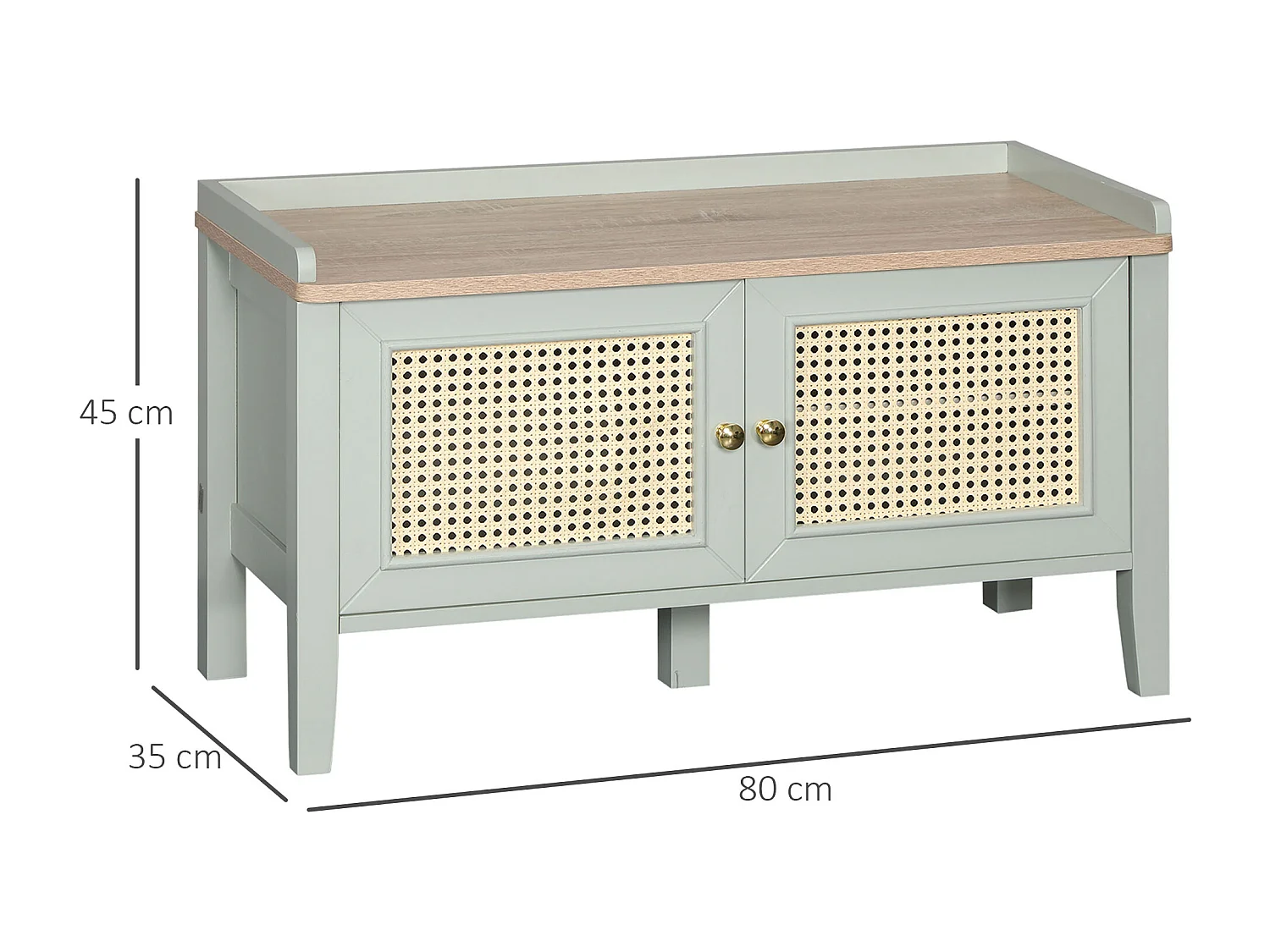 Meuble chaussures banc à chaussures 2 en 1 style bohème chic 2 portes étagère réglable - MDF vert d'eau aspect chêne clair rotin