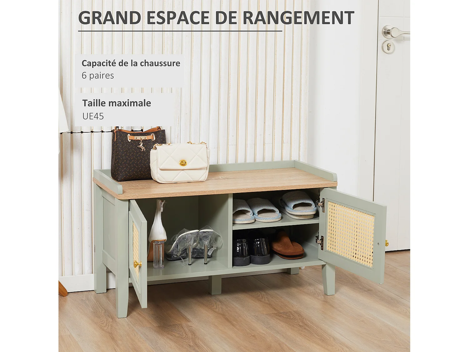 Meuble chaussures banc à chaussures 2 en 1 style bohème chic 2 portes étagère réglable - MDF vert d'eau aspect chêne clair rotin