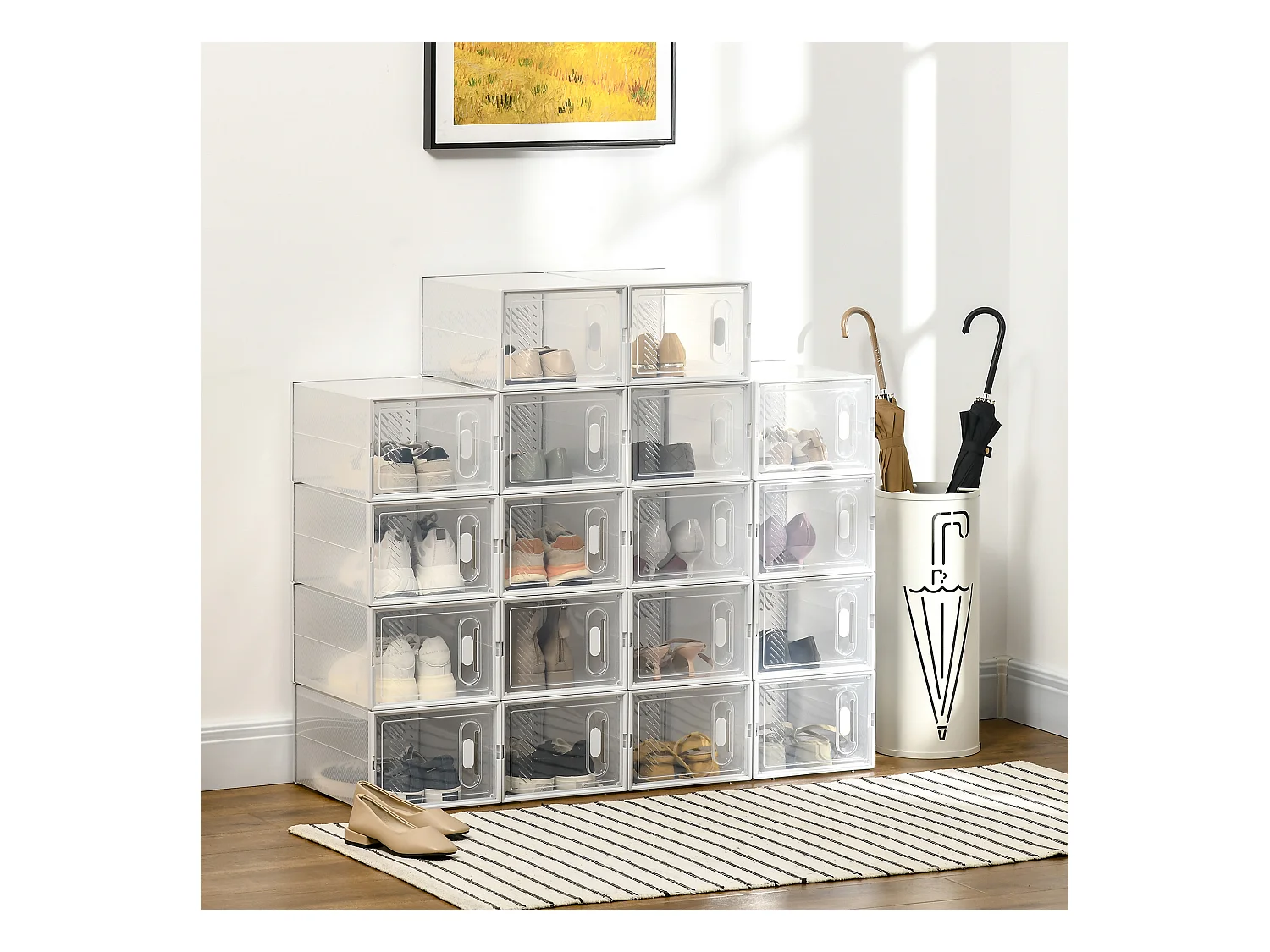 Lot de 18 boites cubes rangement à chaussures modulable avec portes transparentes - dim. 25L x 35l x 19H cm - PP blanc transparent