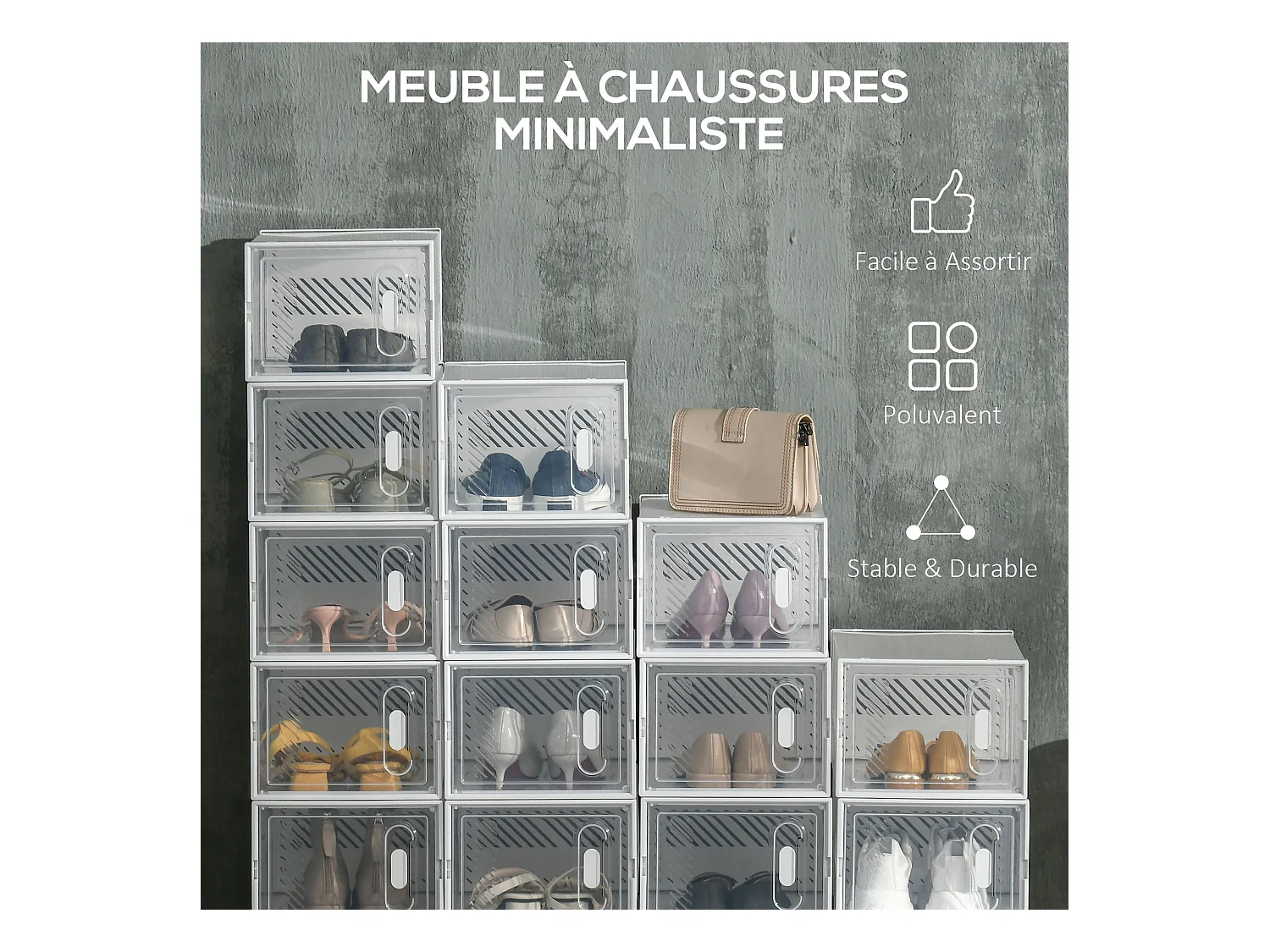 Lot de 18 boites cubes rangement à chaussures modulable avec portes transparentes - dim. 25L x 35l x 19H cm - PP blanc transparent