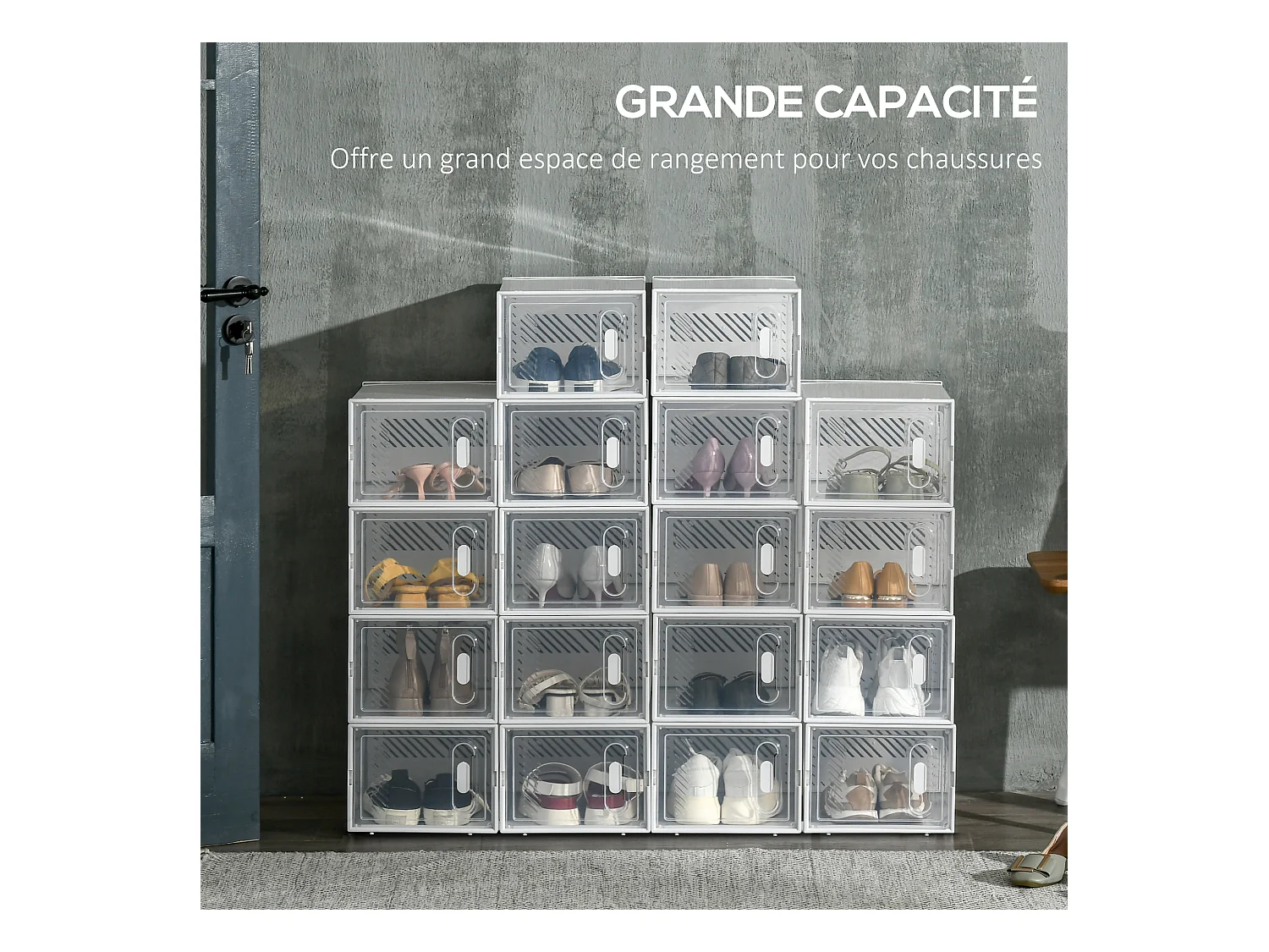 Lot de 18 boites cubes rangement à chaussures modulable avec portes transparentes - dim. 25L x 35l x 19H cm - PP blanc transparent