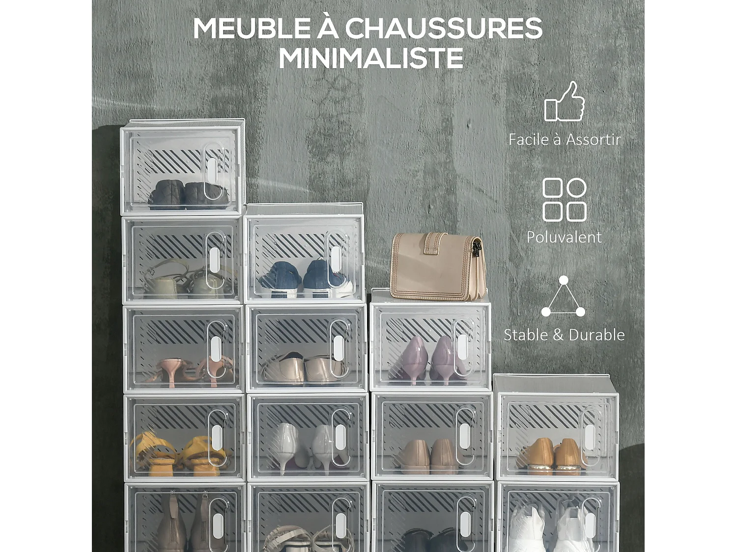 Lot de 18 boites cubes rangement à chaussures modulable avec portes transparentes - dim. 25L x 35l x 19H cm - PP blanc transparent