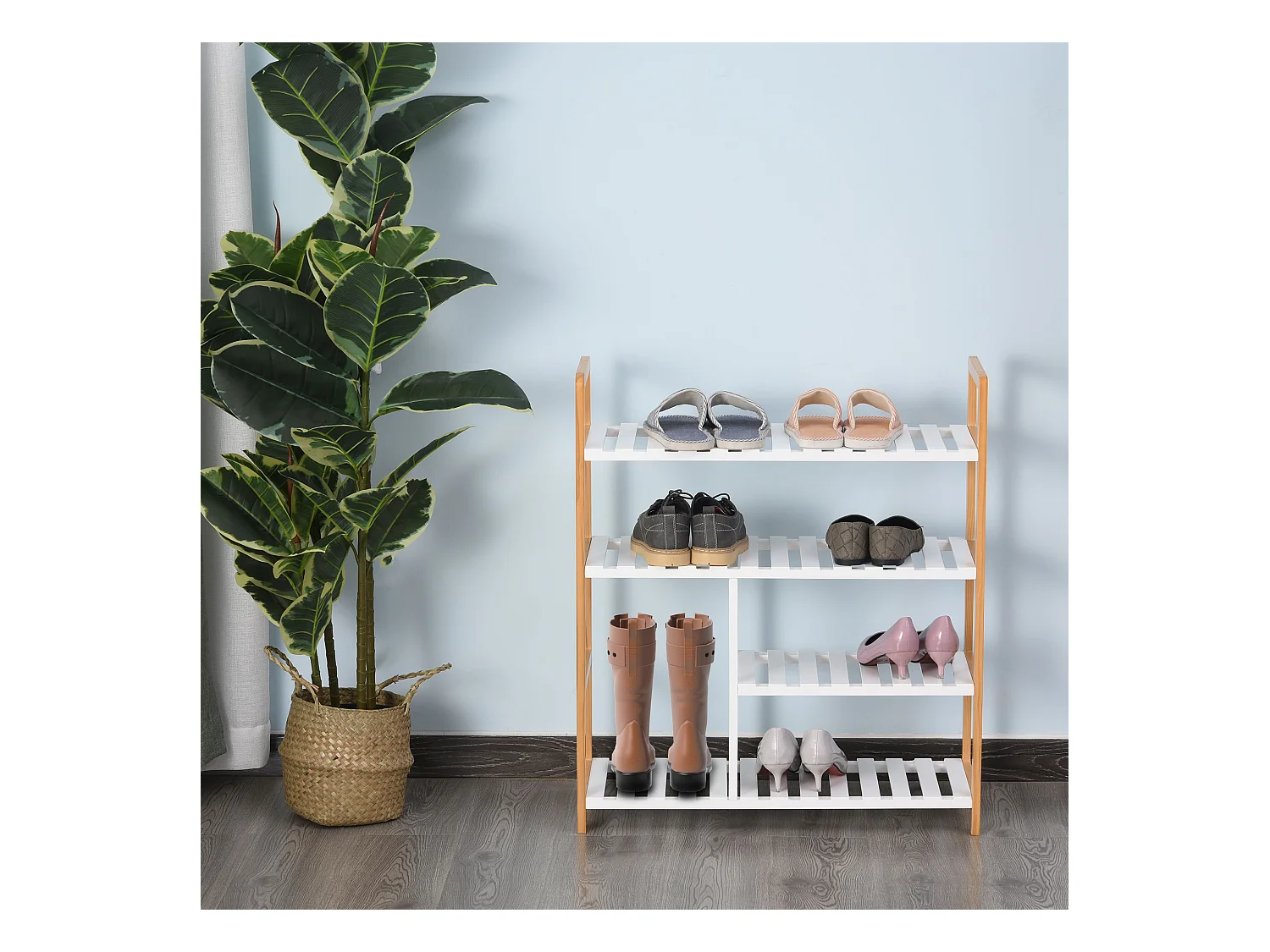 Etagère à chaussures - étagère de rangement - meuble chaussures 4 niveaux bois de pin étagères à lattes MDF blanc