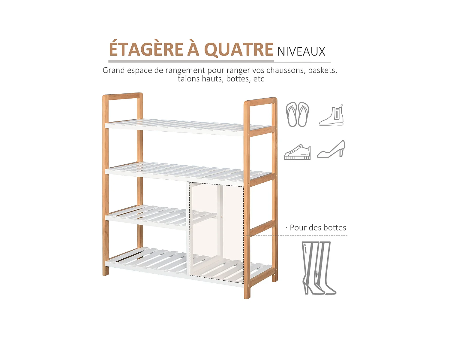 Etagère à chaussures - étagère de rangement - meuble chaussures 4 niveaux bois de pin étagères à lattes MDF blanc
