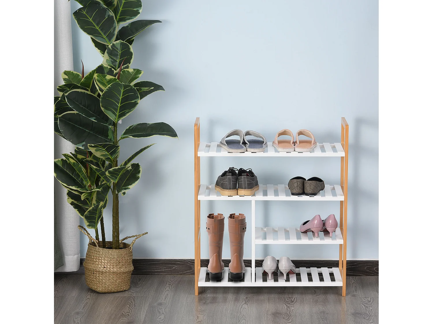 Etagère à chaussures - étagère de rangement - meuble chaussures 4 niveaux bois de pin étagères à lattes MDF blanc