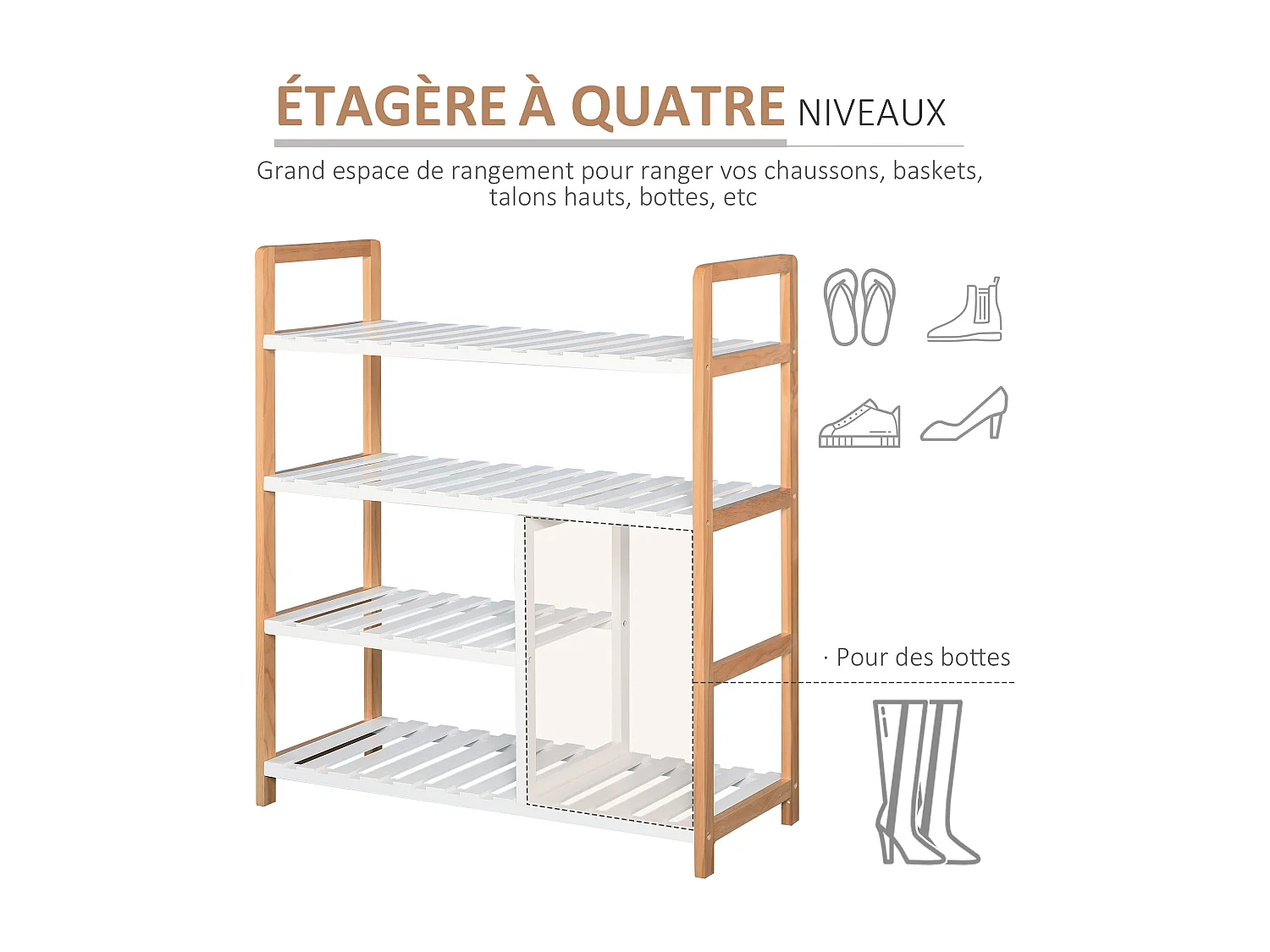 Etagère à chaussures - étagère de rangement - meuble chaussures 4 niveaux bois de pin étagères à lattes MDF blanc