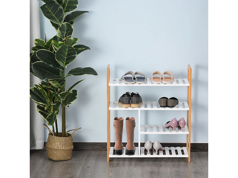 Etagère à chaussures - étagère de rangement - meuble chaussures 4 niveaux bois de pin étagères à lattes MDF blanc