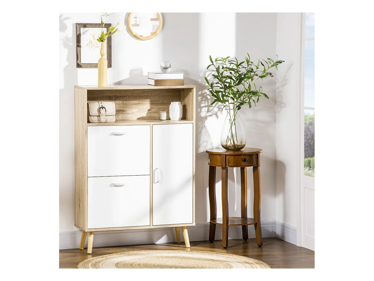 Meuble à chaussures design scandinave placard 3 portes 3 étagères niche piètement effilé incliné bois panneaux aspect chêne clair