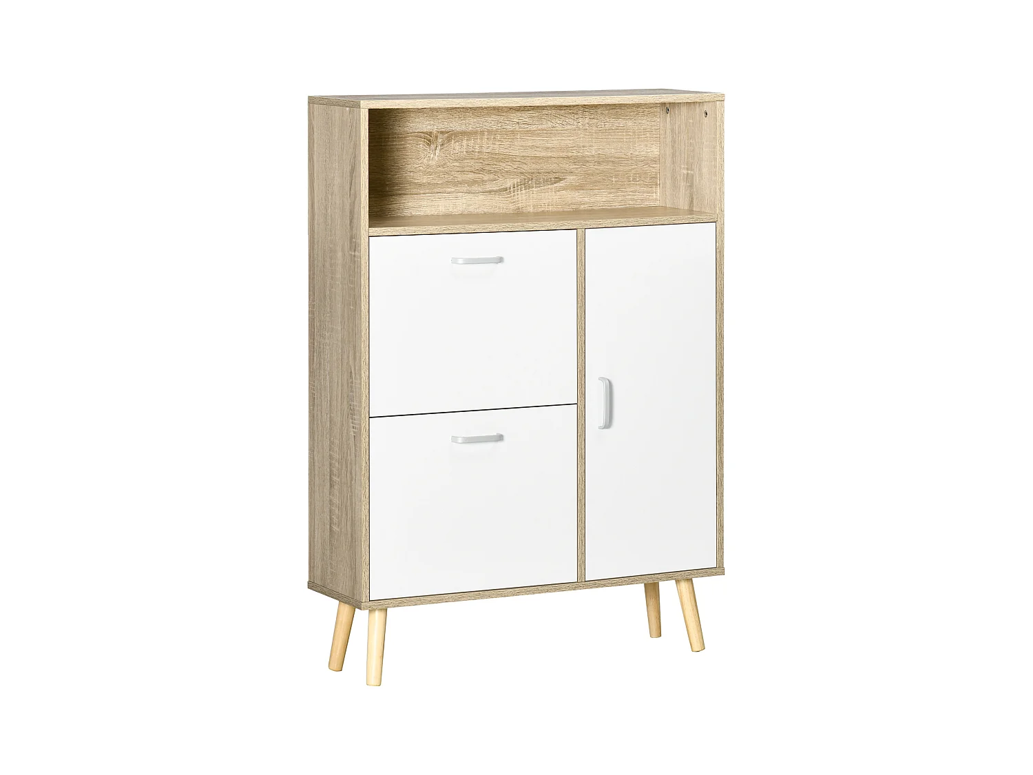 Meuble à chaussures design scandinave placard 3 portes 3 étagères niche piètement effilé incliné bois panneaux aspect chêne clair