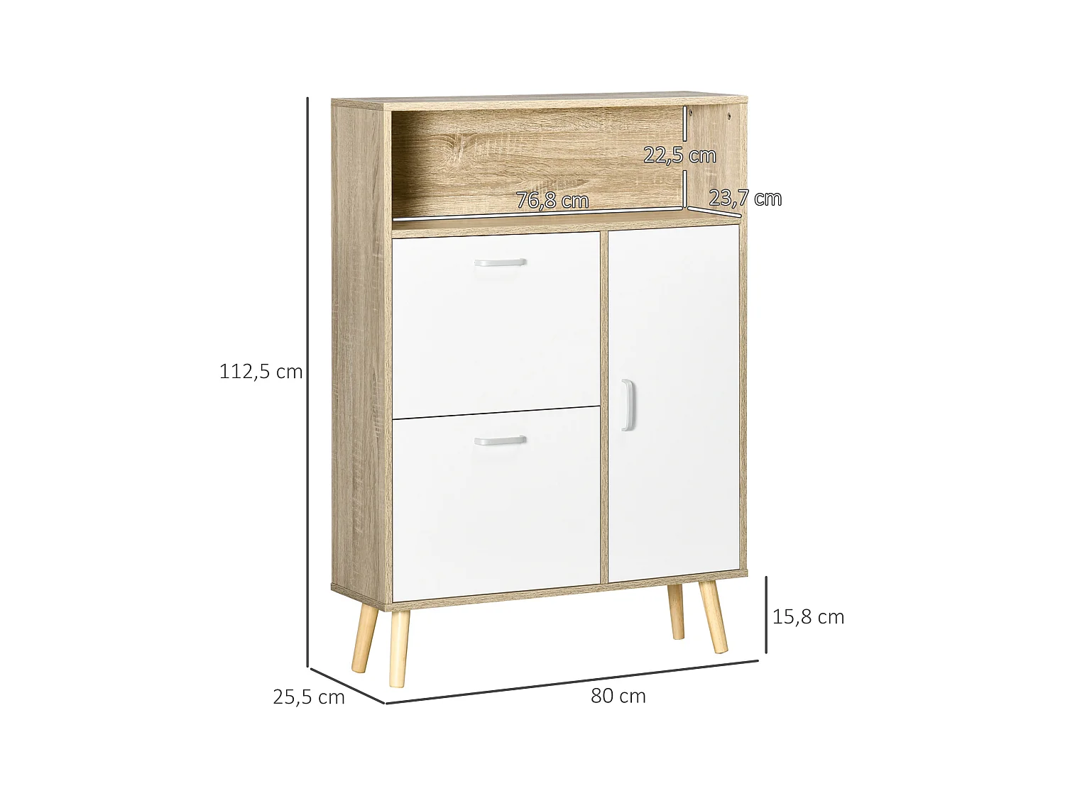 Meuble à chaussures design scandinave placard 3 portes 3 étagères niche piètement effilé incliné bois panneaux aspect chêne clair