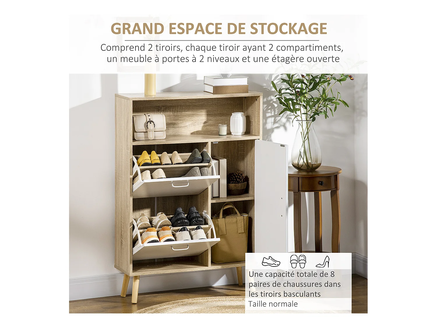 Meuble à chaussures design scandinave placard 3 portes 3 étagères niche piètement effilé incliné bois panneaux aspect chêne clair