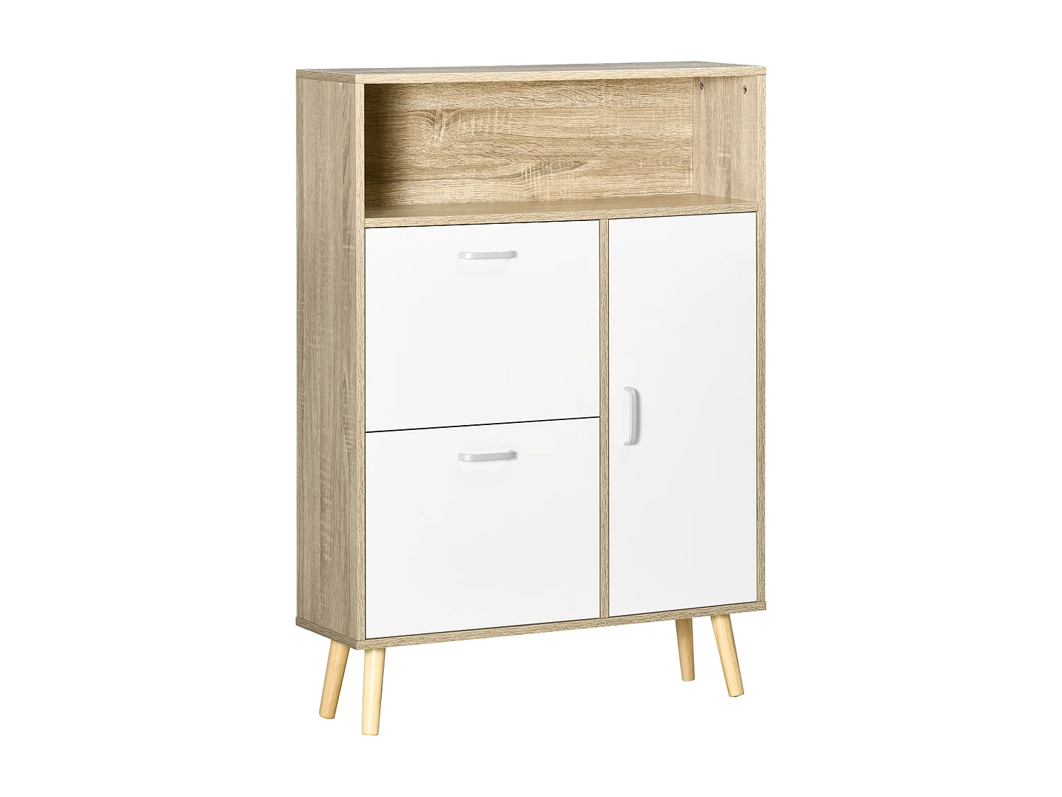 Meuble à chaussures design scandinave placard 3 portes 3 étagères niche piètement effilé incliné bois panneaux aspect chêne clair