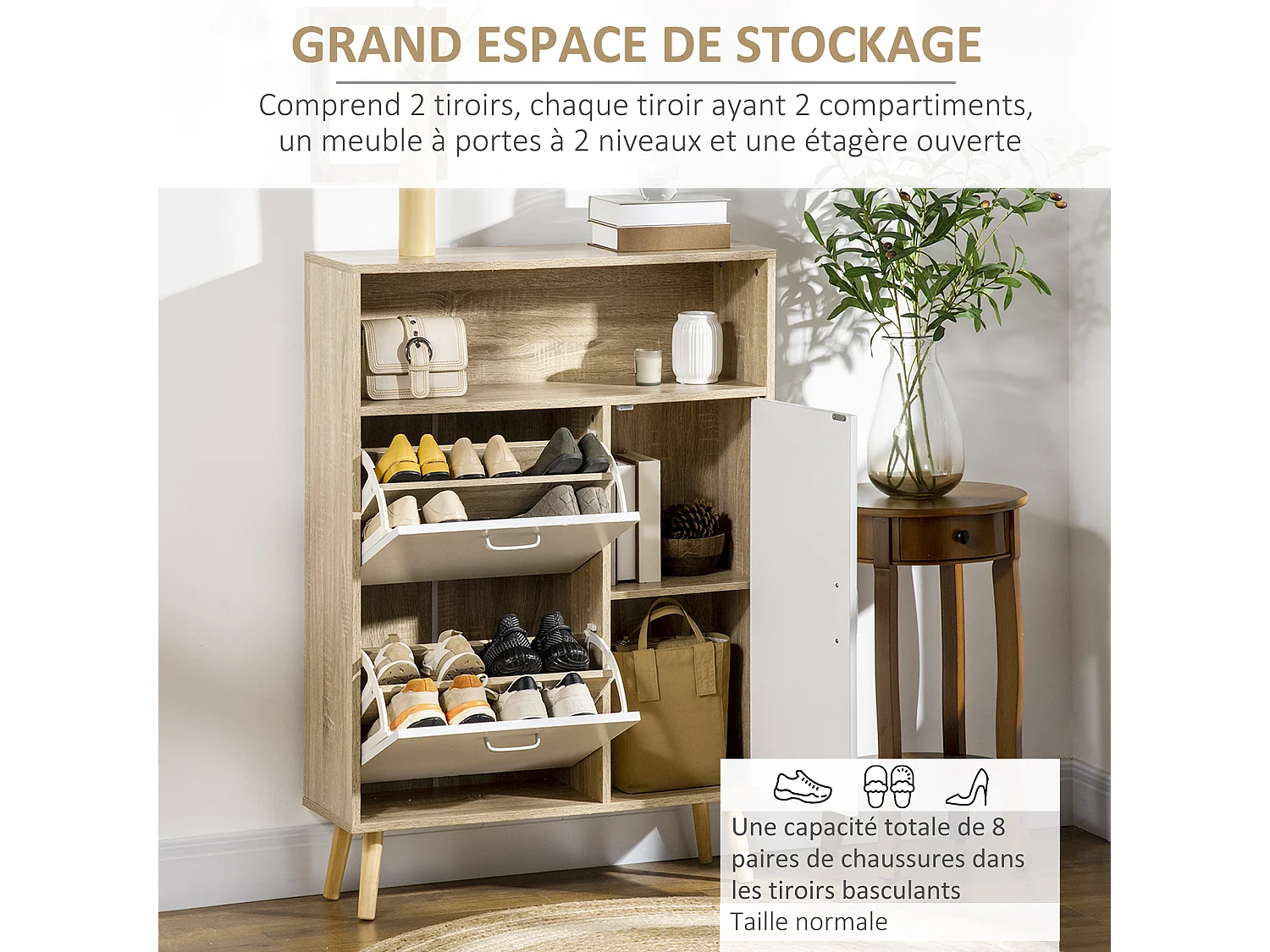 Meuble à chaussures design scandinave placard 3 portes 3 étagères niche piètement effilé incliné bois panneaux aspect chêne clair