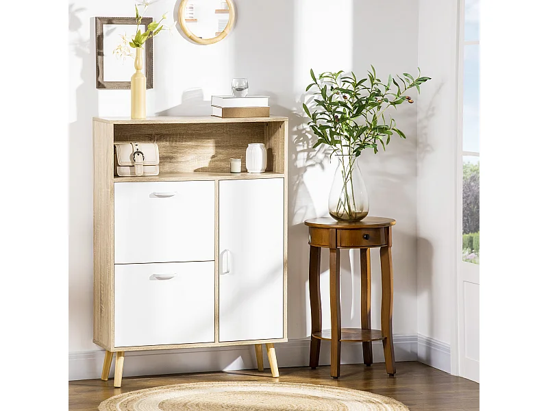 Meuble à chaussures design scandinave placard 3 portes 3 étagères niche piètement effilé incliné bois panneaux aspect chêne clair