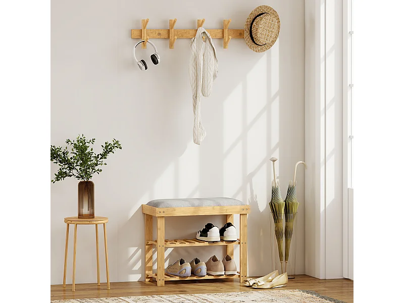 Meuble à chaussures banc à chaussures 2 étagères coussin gris intégré bambou