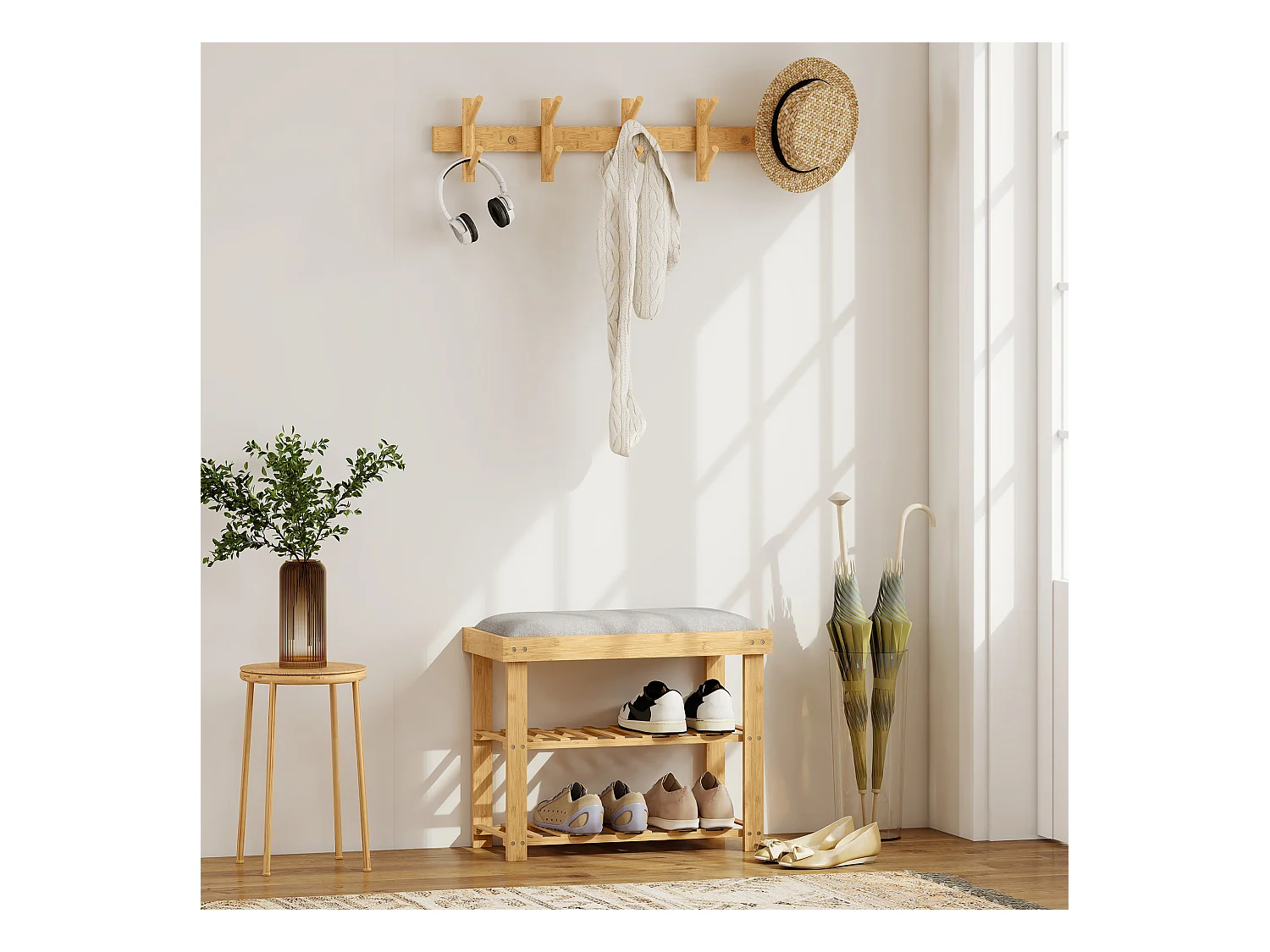 Meuble à chaussures banc à chaussures 2 étagères coussin gris intégré bambou