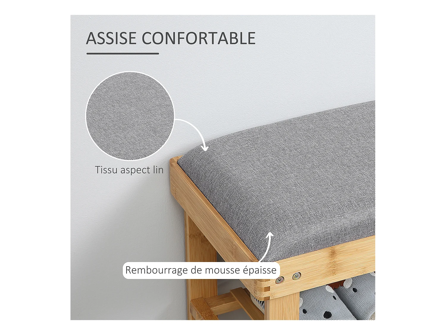 Meuble à chaussures banc à chaussures 2 étagères coussin gris intégré bambou