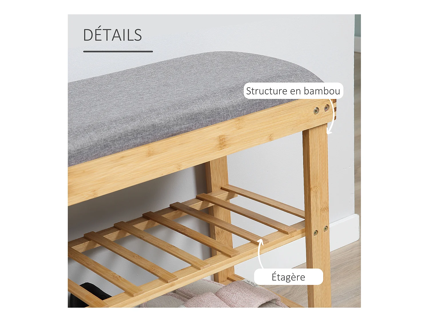 Meuble à chaussures banc à chaussures 2 étagères coussin gris intégré bambou